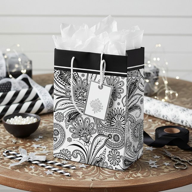 Sac Cadeau Moyen Sac-cadeau moyen à motif cachemire noir et blanc (Créateur téléchargé)