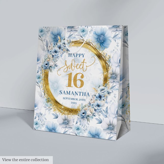Sac Cadeau Moyen Sacoche cadeau Pastel Blue Sweet 16 Gold Parties s (Custom Pastel Blue Sweet 16 Gold Glitter Gift Bag)