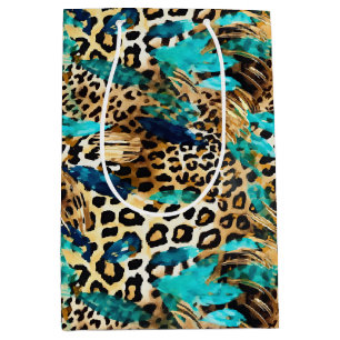 Sac Cadeau Moyen Safari Animaux à la fourrure Motif Turquoise Blue 