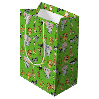 Sac Cadeau Moyen Safari Tropical Jungle Animaux Vert Motif
