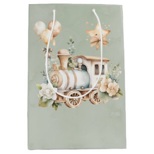 Sac Cadeau Moyen Sage Floral Train Boy Baby shower Cadeau