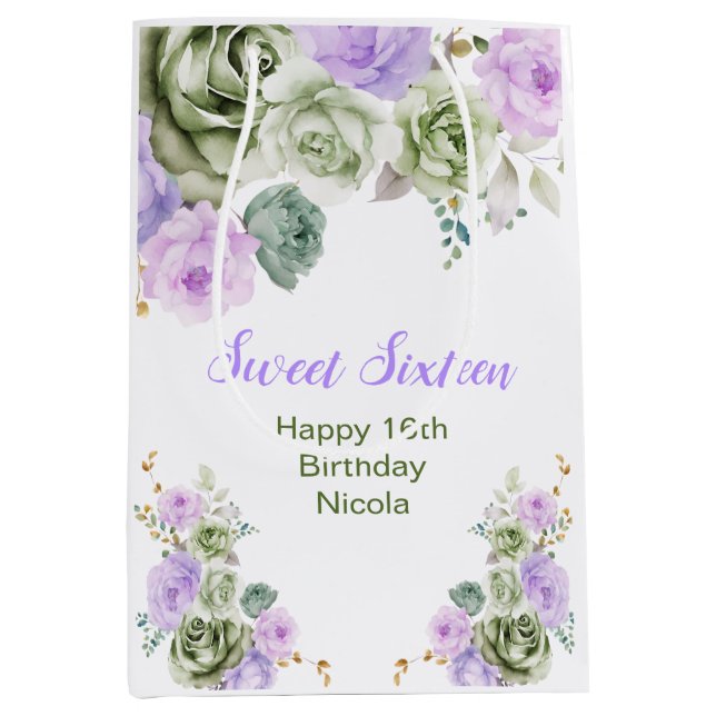 Sac Cadeau Moyen Sage Green and Purple Floral Sweet Sixteen (Devant)