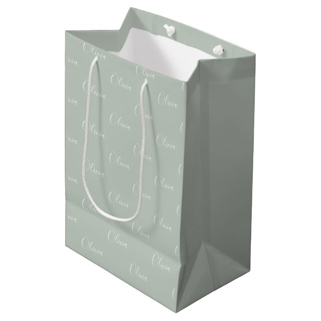 Sac Cadeau Moyen Sage personnalisé Green Nom élégant (Devant Angle)
