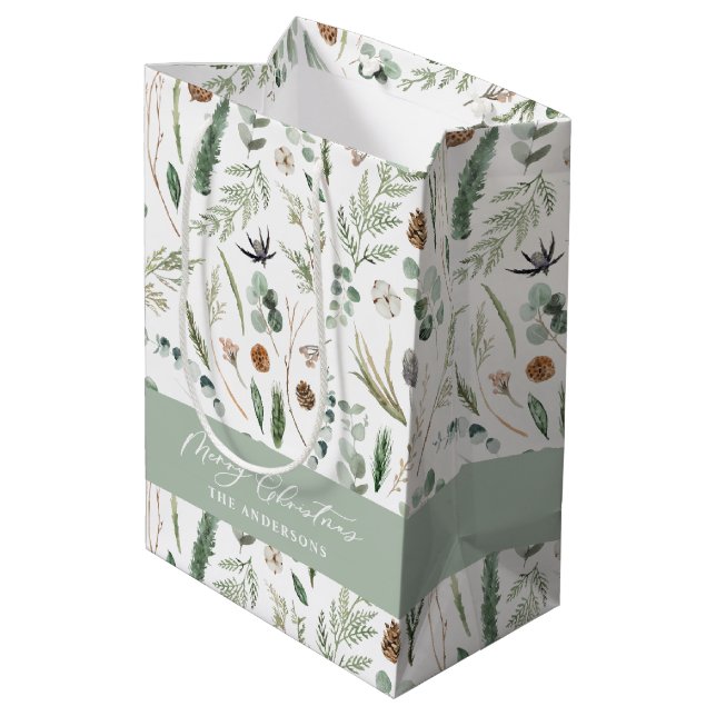 Sac Cadeau Moyen Sage vert Noël moderne minimum botanique enveloppé (Dos Angle)