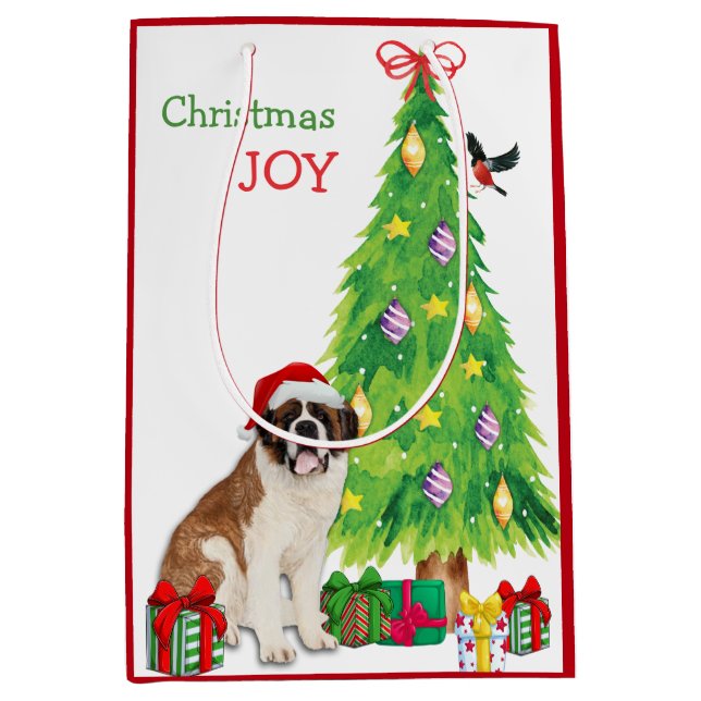 Sac Cadeau Moyen Saint Bernard Chien, Oiseau et Arbre de Noël Moyen (Devant)