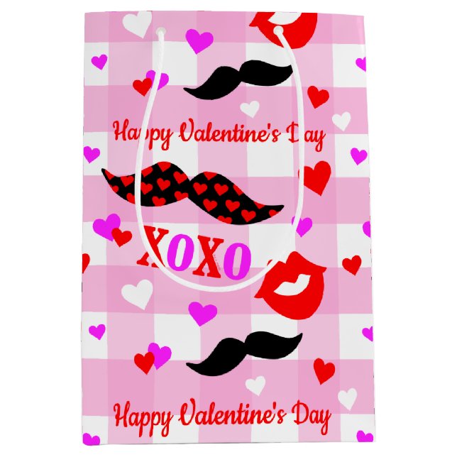 Sac Cadeau Moyen Saint Valentin Moustaches Amour et Baisers (Devant)