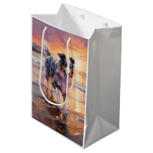 Sac Cadeau Moyen Sandy Australian Shepherd Dog on Beach Sunset