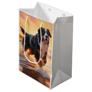 Sac Cadeau Moyen Sandy Paws Bernese Mountain Dog on Beach Sunset