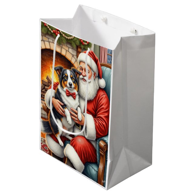 Sac Cadeau Moyen Santa Claus Holding Border Collie Christmas Art (Devant Angle)