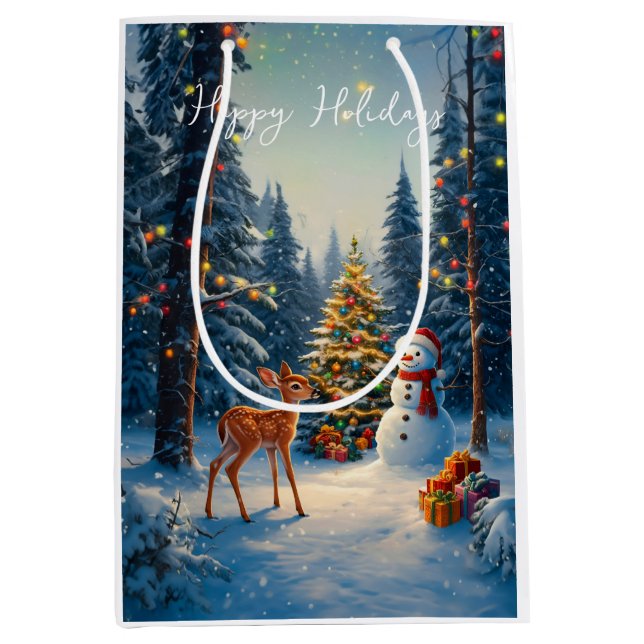 Sac Cadeau Moyen Scene d'arbre de Noël Cute Deer Fawn Snowman (Devant)