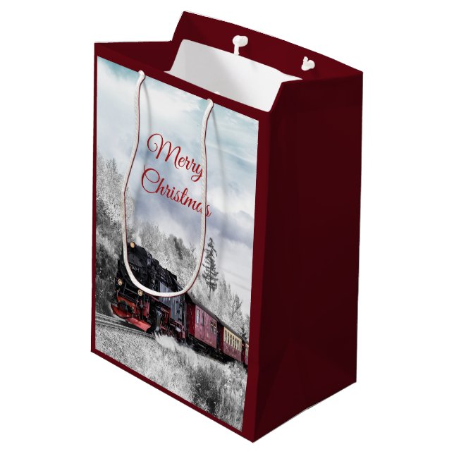Sac Cadeau Moyen Scène de Noël d'hiver du train vintage (Dos Angle)