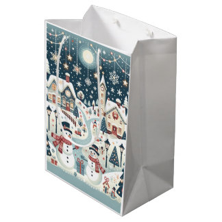 Sac Cadeau Moyen Scène de snowman d'hiver