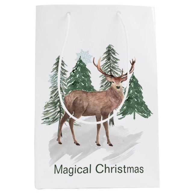 Sac Cadeau Moyen Scène hivernale avec pins et Noël des Cerfs (Devant)