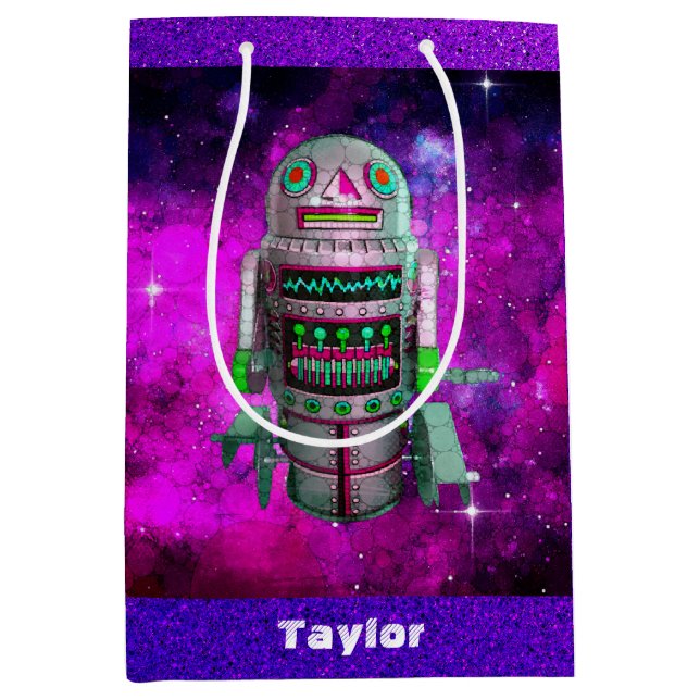 Sac Cadeau Moyen Sci fi toy robot galaxie violette nom personnalisé (Devant)
