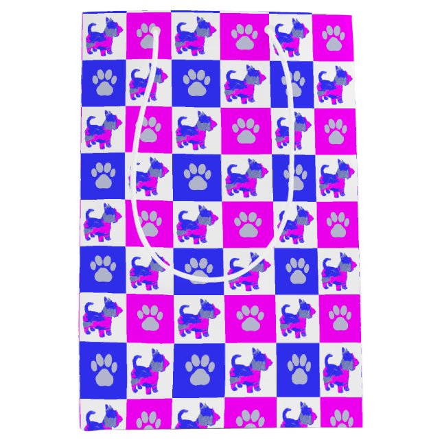 Sac Cadeau Moyen Scottish Terrier Dog & Paw Crazy Hot Pink et Blue (Devant)