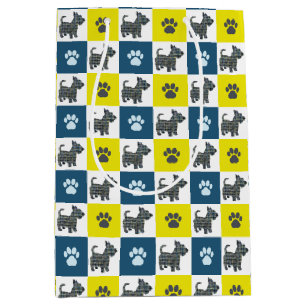 Sac Cadeau Moyen Scottish Terrier Dog & Paw Yellow and Blue Grid