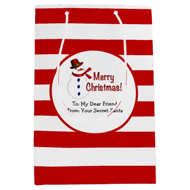 Sac Cadeau Moyen Secret Père Noël Red Stripes Joyeux Noël Snowman (Devant)