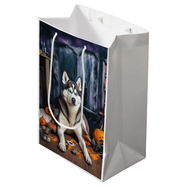 Sac Cadeau Moyen Sibérie Husky Citrouille Halloween effrayant (Devant Angle)