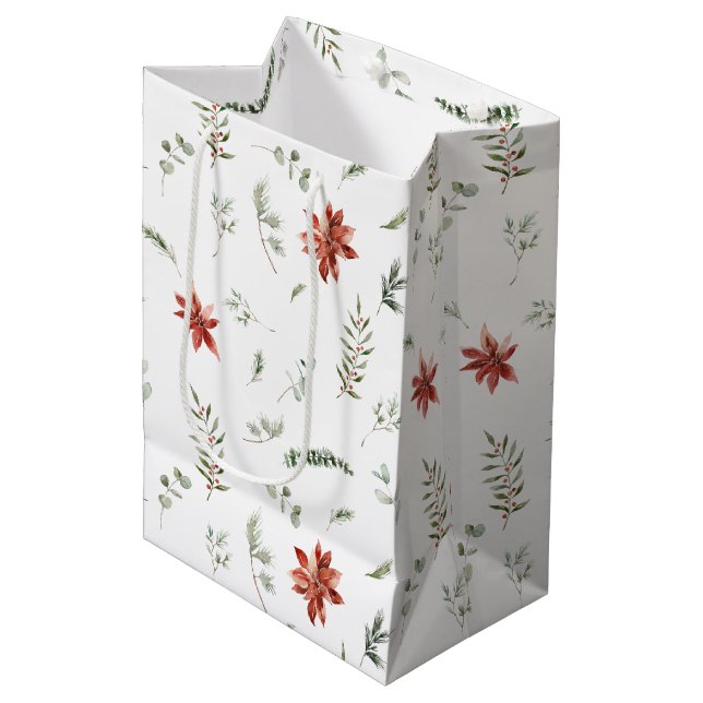 Sac Cadeau Moyen Simple classique Poinsettia Berry verdure Noël (Devant Angle)