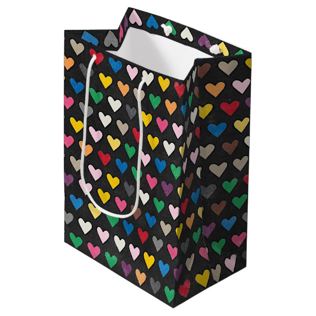 Sac Cadeau Moyen Simple rose rouge bleu vert jaune Motif de coeur (Devant Angle)