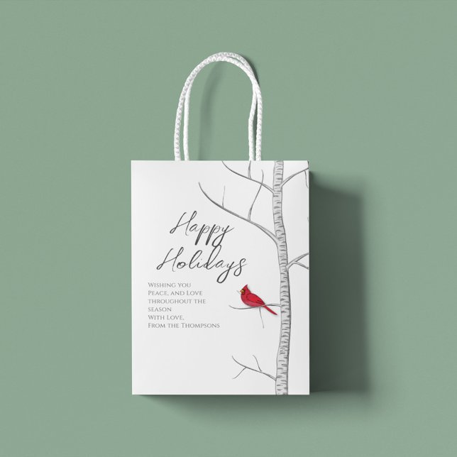 Sac Cadeau Moyen Simples Vacances Hiver Red Cardinal Birsier (Happy Holiday red carinal gift bag with customized gift message)