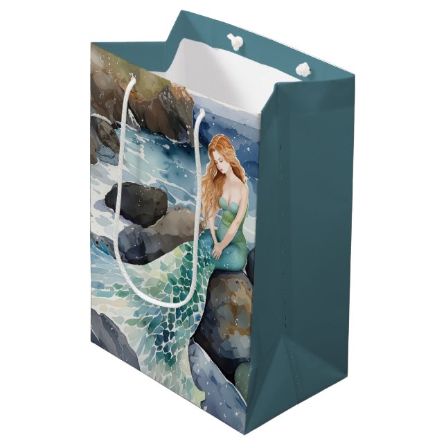 Sac Cadeau Moyen Sirène D'Aquarelle Sur Les Rochers (Devant Angle)
