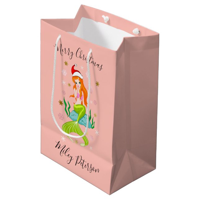 Sac Cadeau Moyen Sirène de Noël & flocons d'or personnalisé (Devant Angle)