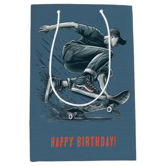 Sac Cadeau Moyen Skateboarder bleu Burnt Orange Joyeux Birthday Boy (Devant)