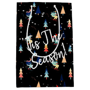 Sac Cadeau Moyen Skier De Noël En Flammes De Neige Sur Black Medium