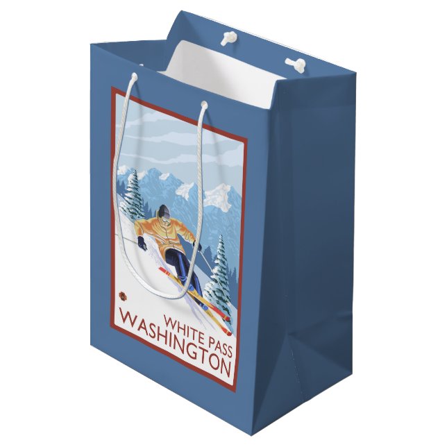 Sac Cadeau Moyen Skieur de neige de Downhhill - passage blanc, (Devant Angle)