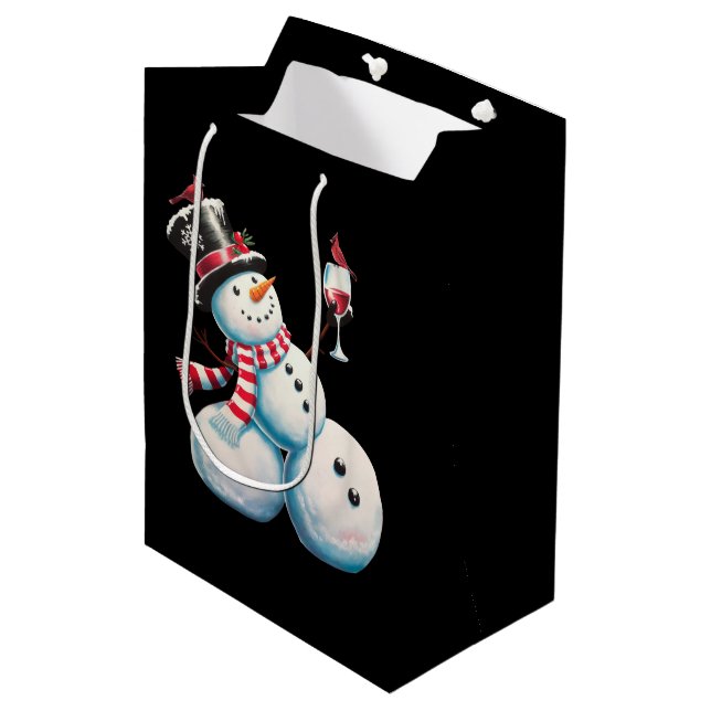 Sac Cadeau Moyen Snowman Avec Vin Noël Drôle Noël Cadeau de Noël (Devant Angle)