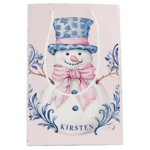 Sac Cadeau Moyen Snowman rose et bleu
