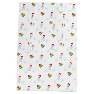 Sac Cadeau Moyen Snowman, snowflakes & boîte cadeau motif sur blanc