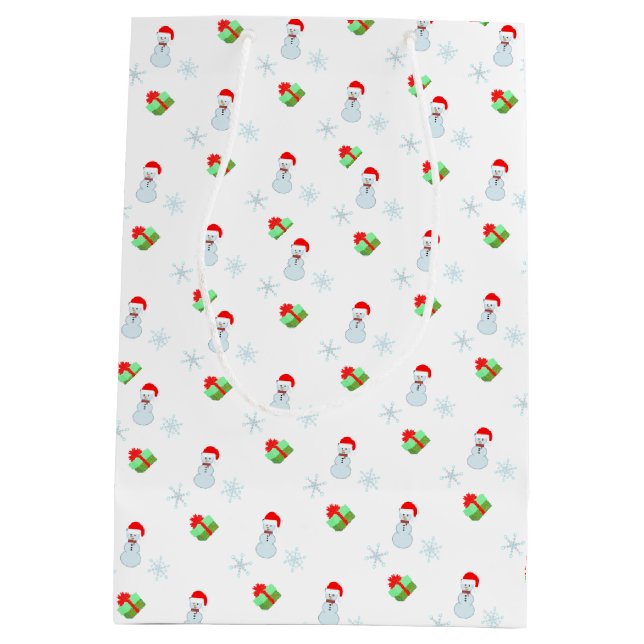 Sac Cadeau Moyen Snowman, snowflakes & boîte cadeau motif sur blanc (Dos)