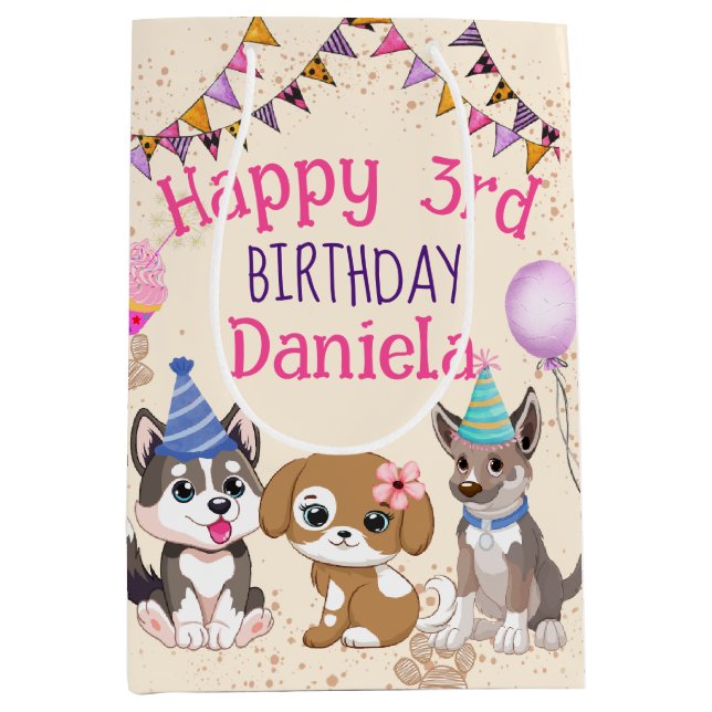 Sac Cadeau Moyen Soirée d'anniversaire aux chiots mignons (Devant)