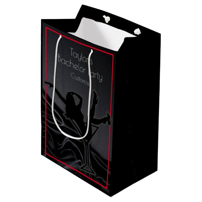 Sac Cadeau Moyen Soirée de célibataire silhouette en satin noir (Devant Angle)