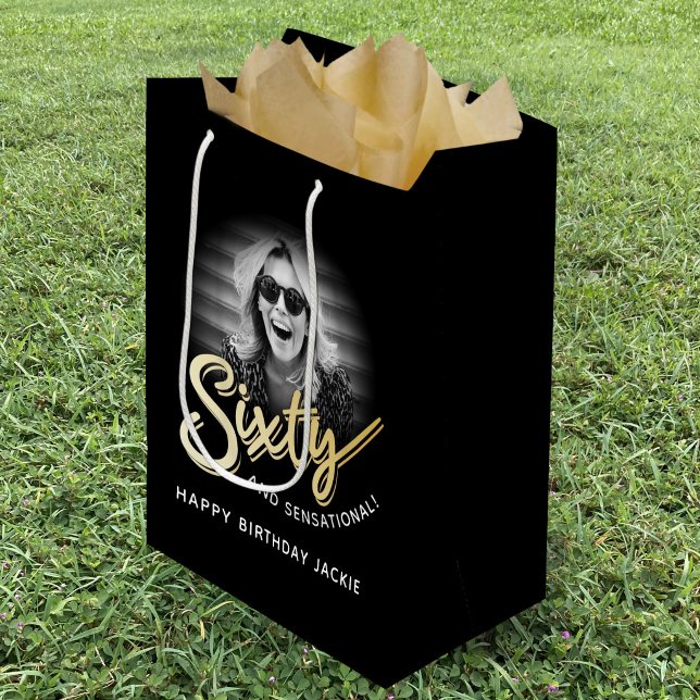 Sac Cadeau Moyen Soixante or écriture et photo personnalisée 60e an (Créateur téléchargé)