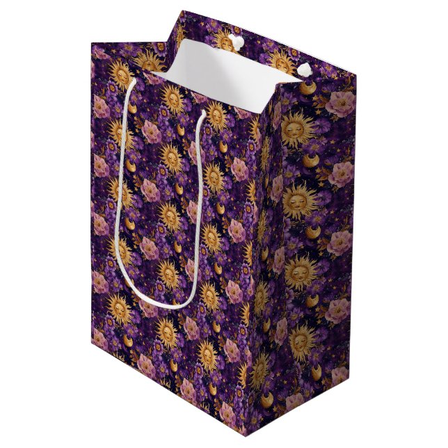 Sac Cadeau Moyen Soleil céleste violet et étoile (Devant Angle)