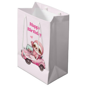 Sac Cadeau Moyen Sourire rose Sloth conduisant un Anniversaire conv