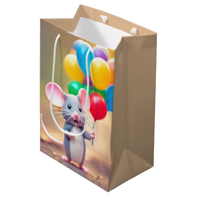 Sac Cadeau Moyen Souris D'Anniversaire Avec Ballons (Devant Angle)