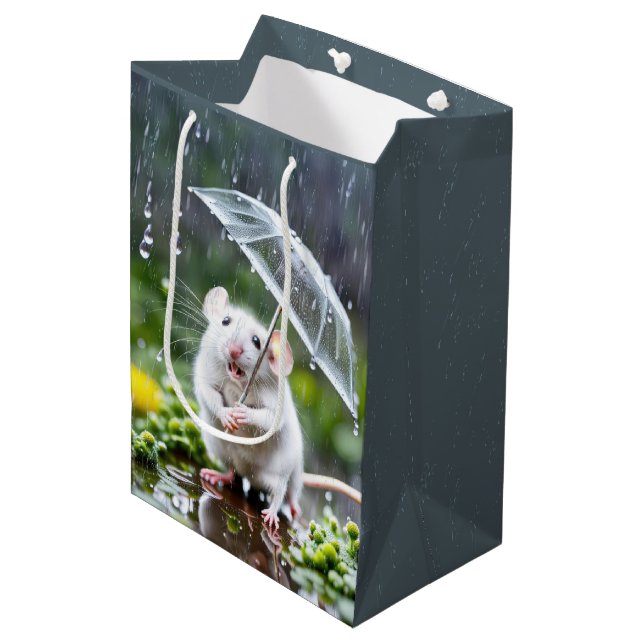 Sac Cadeau Moyen Souris Grise Sous Un Parapluie (Devant Angle)