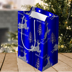 Sac Cadeau Moyen Sparkings Diamond Reindeer Silver Christmas Blue
