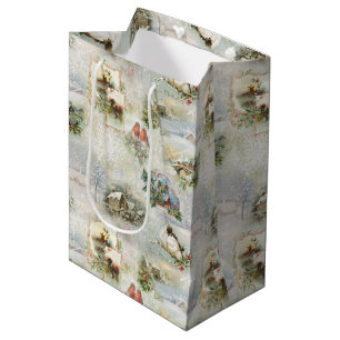 Sac Cadeau Moyen Sparkly Rustic Christmas Winter Scènes Collage