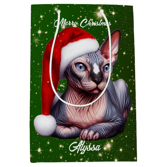 Sac Cadeau Moyen Sphynx Chat Pretty Green Noël (Devant)