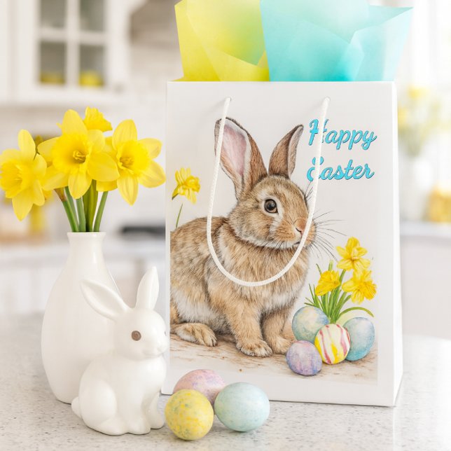 Sac Cadeau Moyen Springtime Happy Easter Rabbit  (Celebrate Easter with a charming bunny gift bag, pastel tissue, daffodils, and spring kitchen decor.)