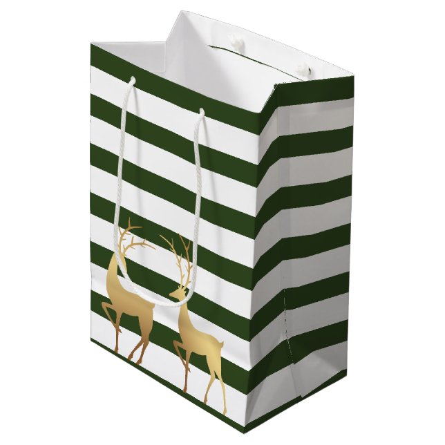 Sac Cadeau Moyen Spruce moderne Green Stripes Gold Deer (Devant Angle)