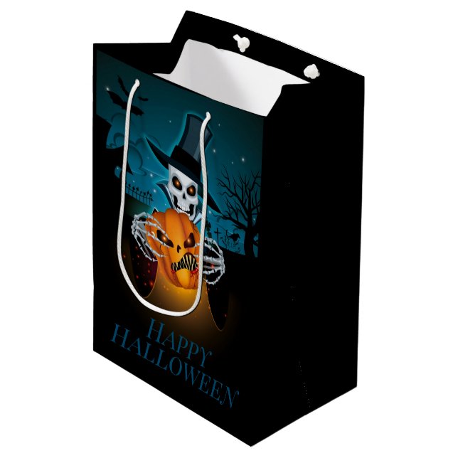 Sac Cadeau Moyen Squelette de chapeau éffrayant (Devant Angle)