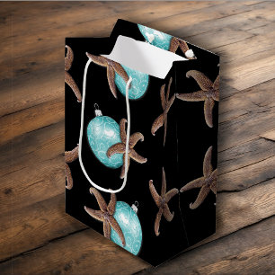 Sac Cadeau Moyen Starfish in Aqua Ornements Noir Noël