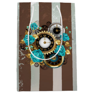 Sac Cadeau Moyen Steampunk Clock and Turquoise Roses on Striped