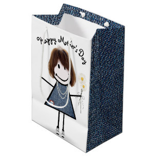 Sac Cadeau Moyen Stick de la Fête des Mères fille avec marguerites